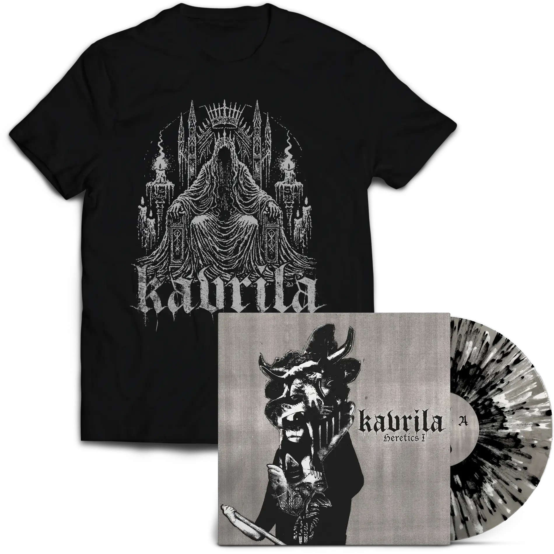 KAVRILA - Heretics I · CLEAR MARBLED WHITE/BLACK SPLATTER LP+SHIRT BUNDLE