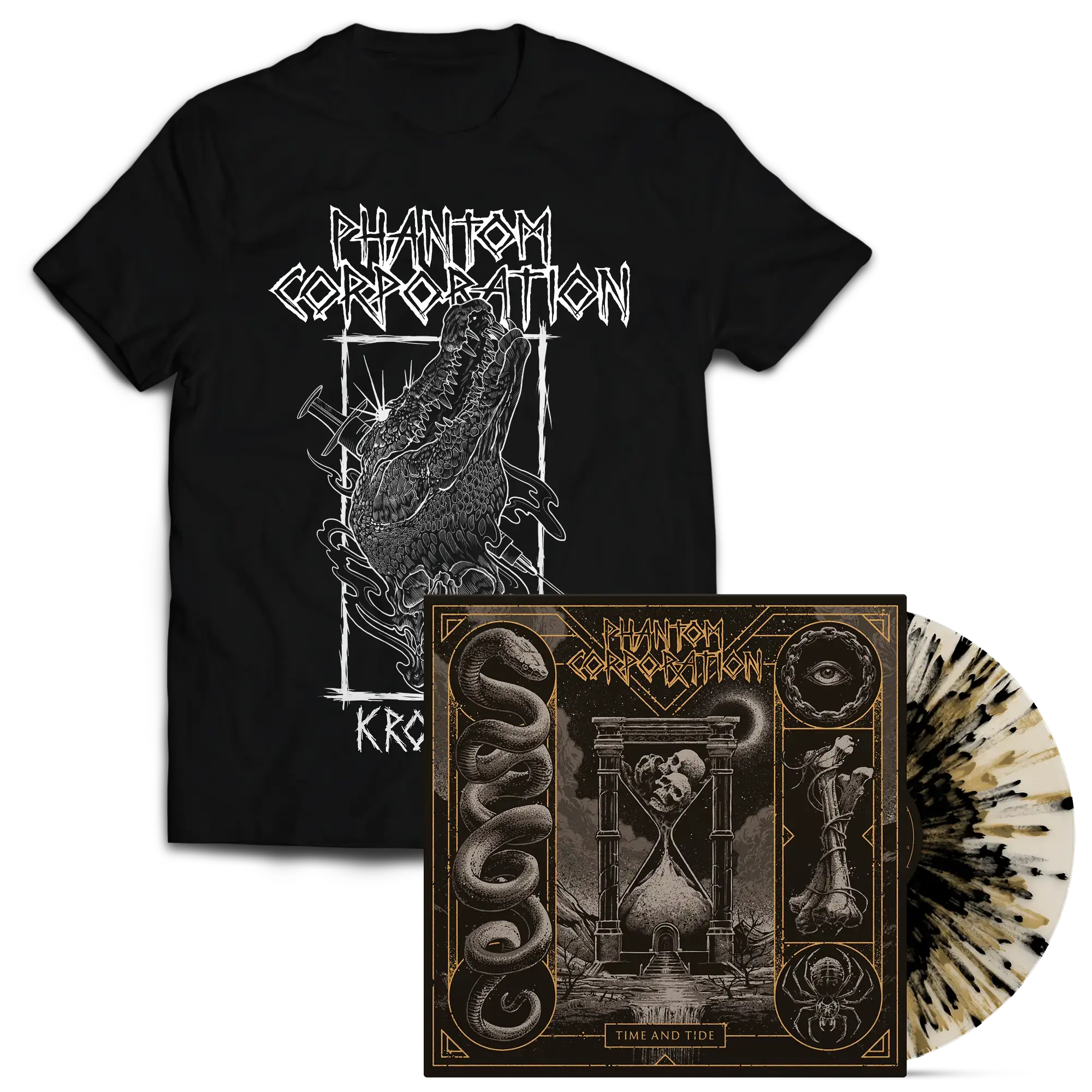 PHANTOM CORPORATION · Time And Tide | T-SHIRT SPLATTER LP BUNDLE PHANTOM CORPORATION · Time And Tide | T-SHIRT SPLATTER LP BUNDLE (Thrash Metal/D-Beat/Death Metal Vinyl)