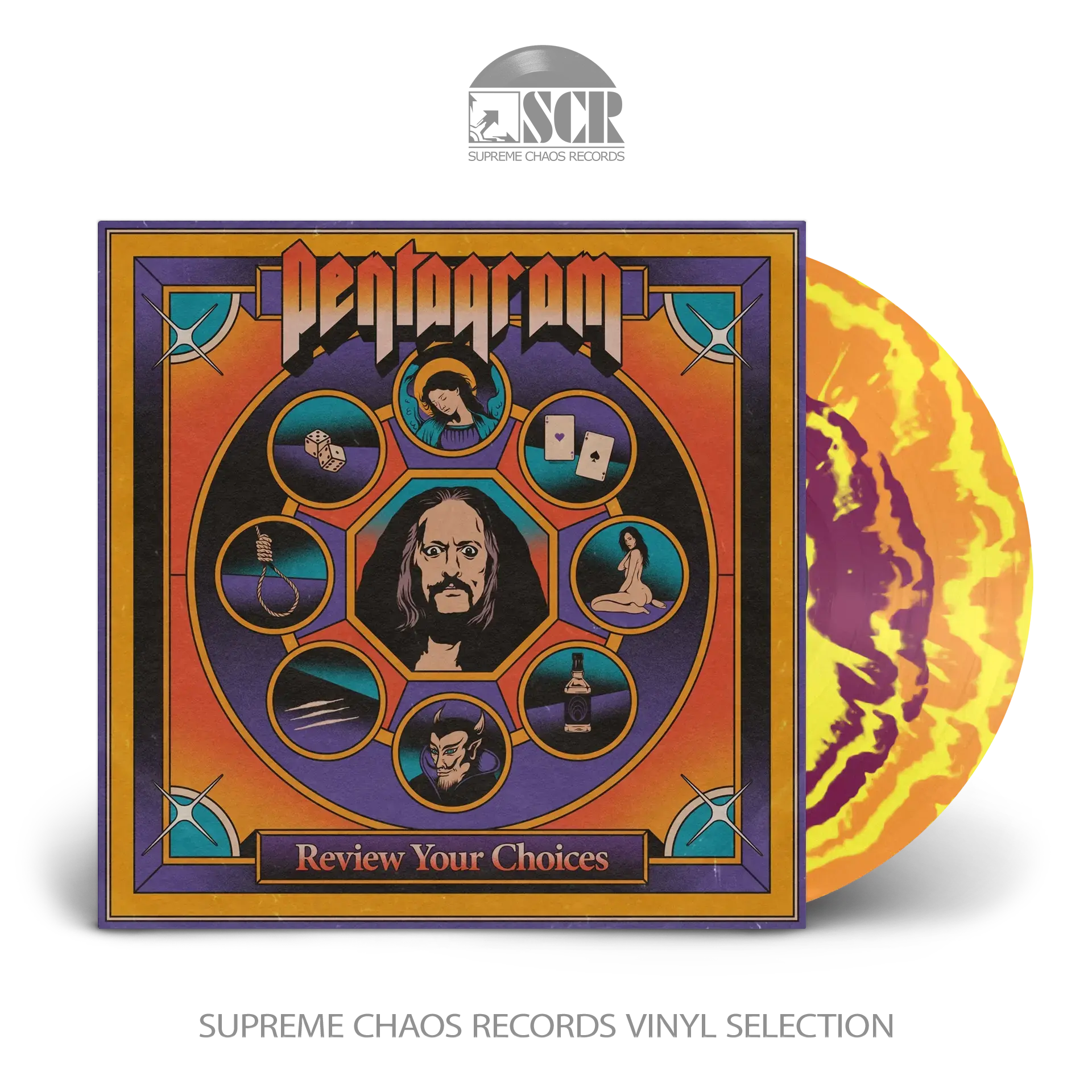 PENTAGRAM - Review Your Choices (Re-Release 2024) · YELLOW/ORANGE/PURPLE MERGE LP PENTAGRAM - Review Your Choices (Re-Release 2024) · YELLOW/ORANGE/PURPLE MERGE LP (Doom Metal Vinyl)