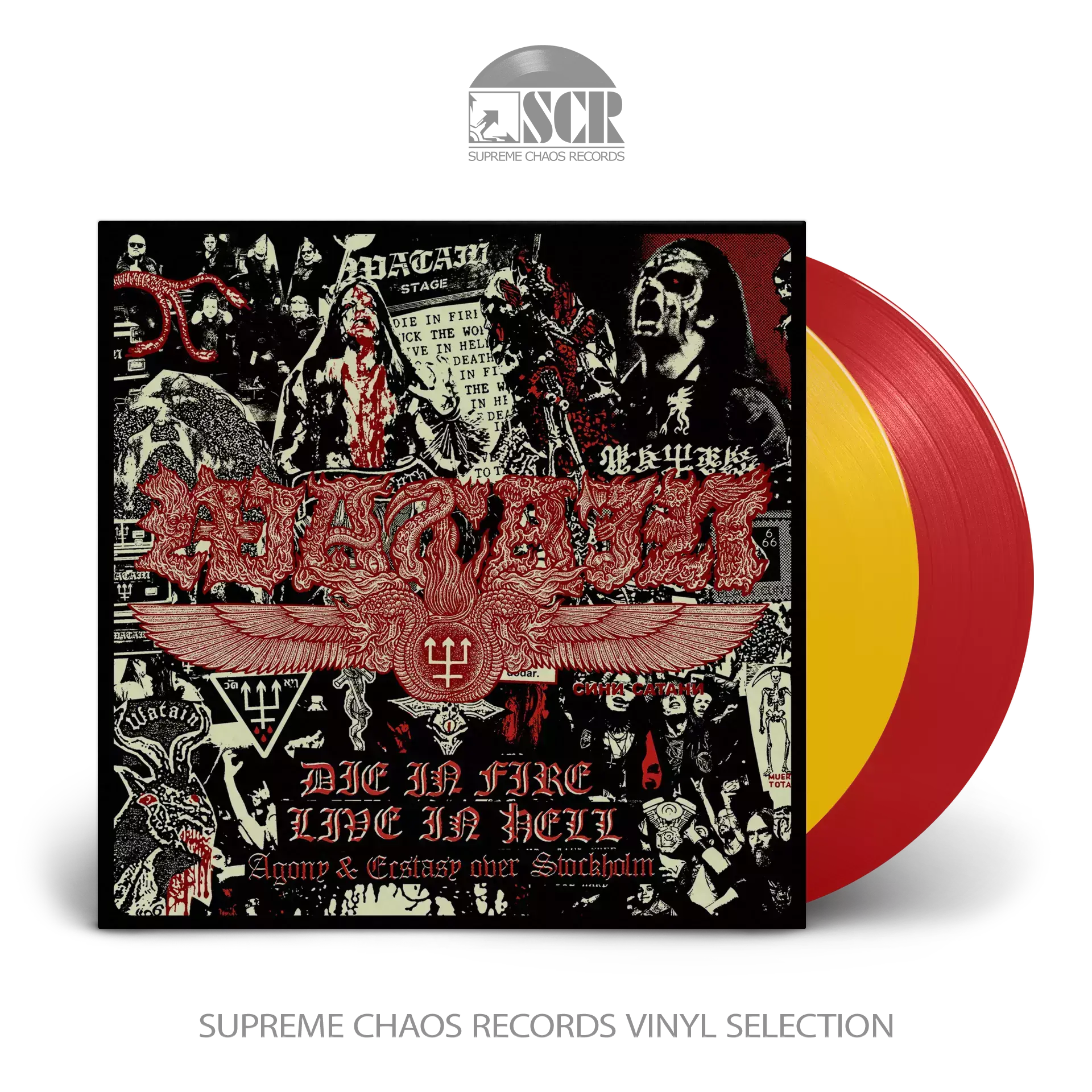 WATAIN · Die In Fire - Live In Hell | YELLOW/RED DLP WATAIN · Die In Fire - Live In Hell | YELLOW/RED DLP (Black Metal Vinyl)