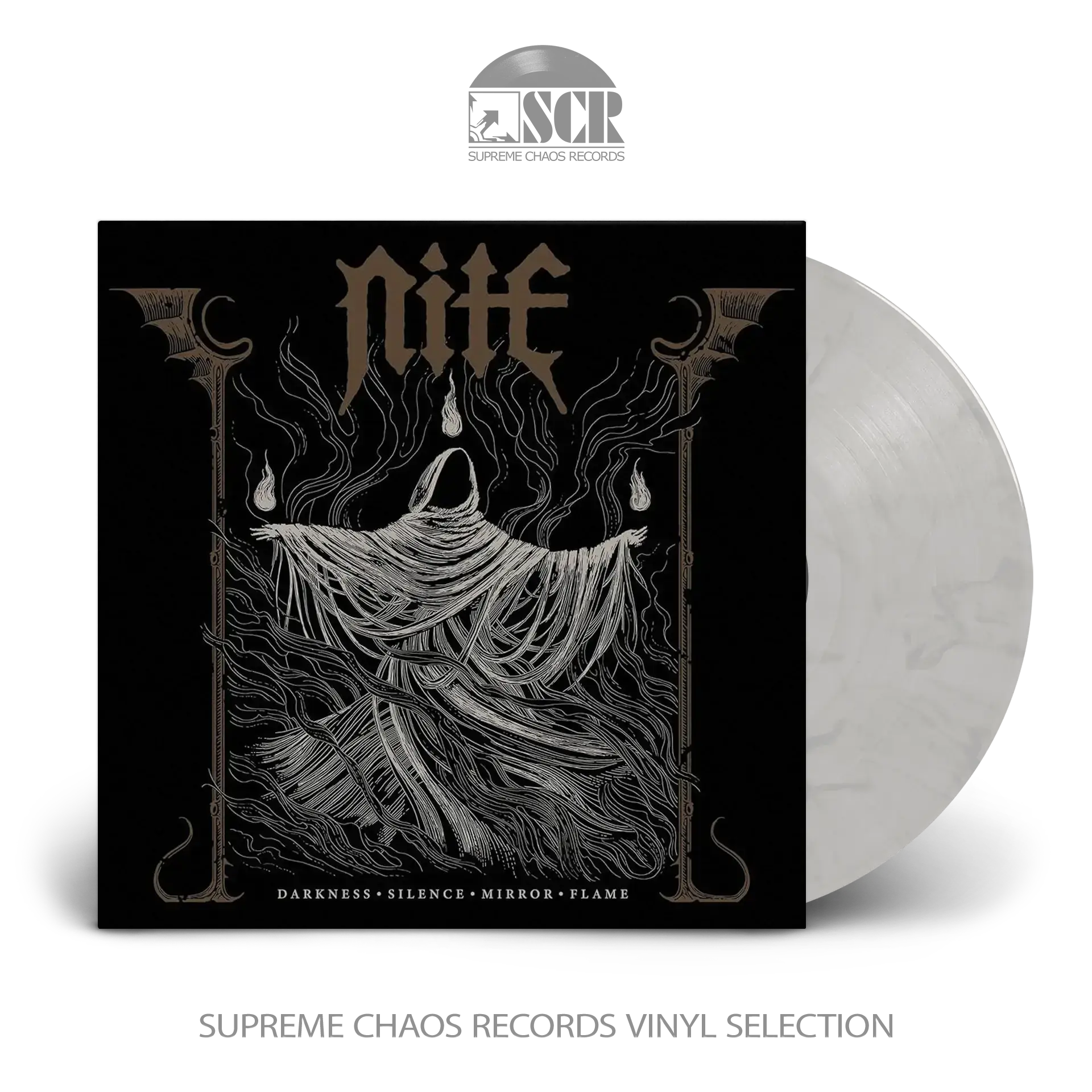 NITE · Darkness Silence Mirror Flame | WHITE/BLACK MARBLED LP NITE · Darkness Silence Mirror Flame | WHITE/BLACK MARBLED LP (Heavy Metal/Black Metal Vinyl)