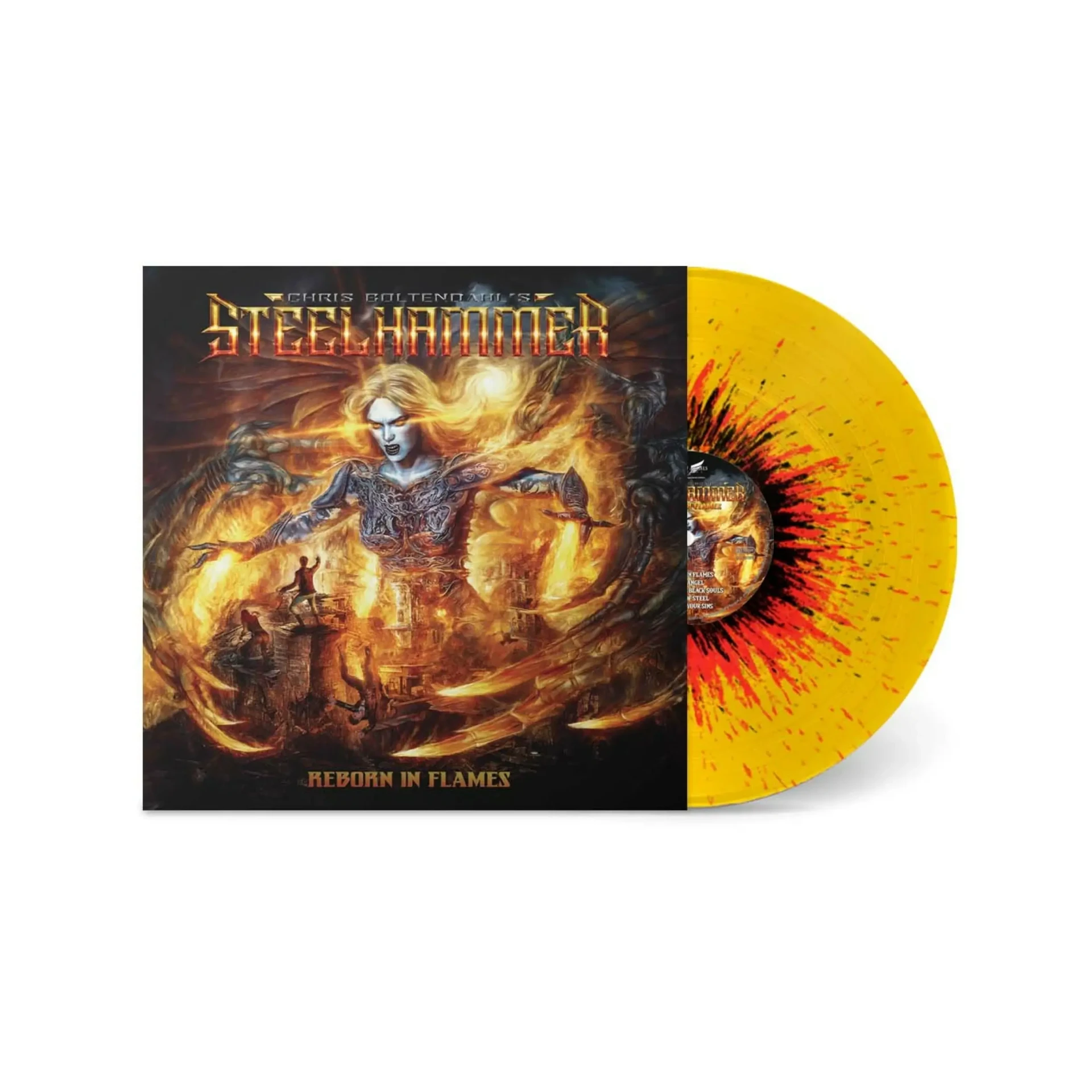 CHRIS BOHLTENDAHL'S STEELHAMMER - Reborn In Flame · YELLOW/ORANGE/BLACK SPLATTER LP (Heavy Metal Vinyl)