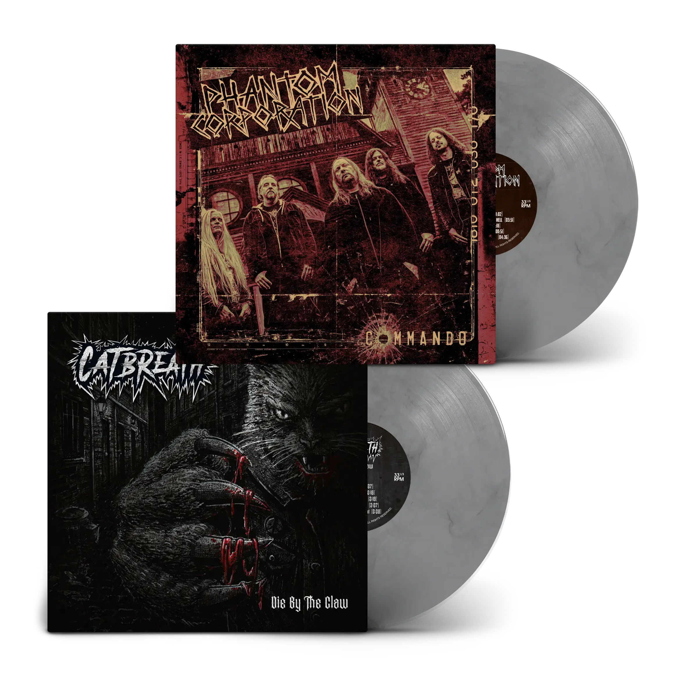 PHANTOM CORPORATION / CATBREATH · Commando / Die By The Claw | GREY BLACK MARBLED LP (Thrash Metal/Death Metal Vinyl)