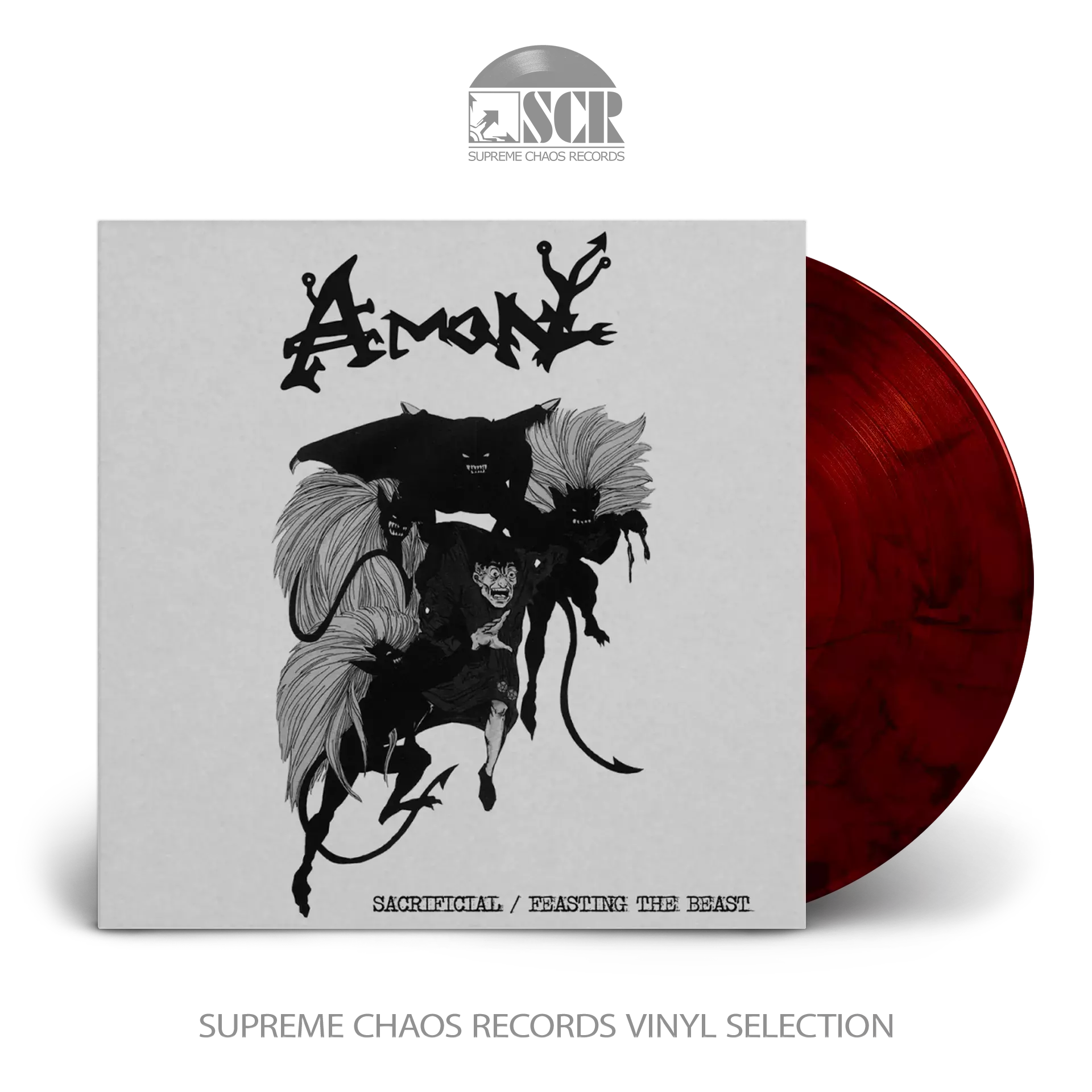 AMON · Sacrificial / Feasting The Beast | RED/BLACK MARBLED LP (Death Metal Vinyl)