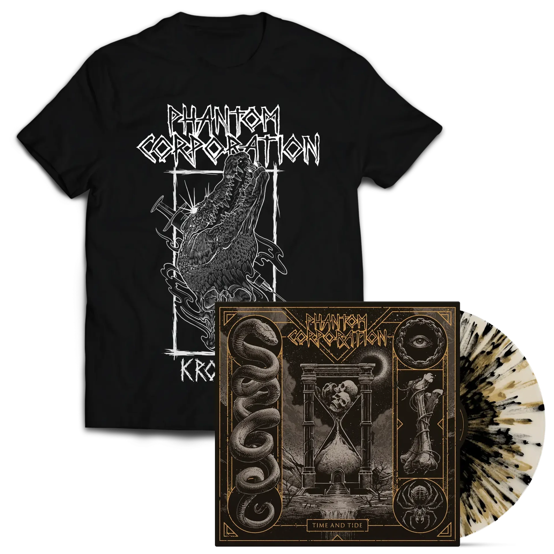 PHANTOM CORPORATION - Time And Tide · T-SHIRT SPLATTER LP BUNDLE (Thrash Metal/D-Beat/Death Metal Vinyl)
